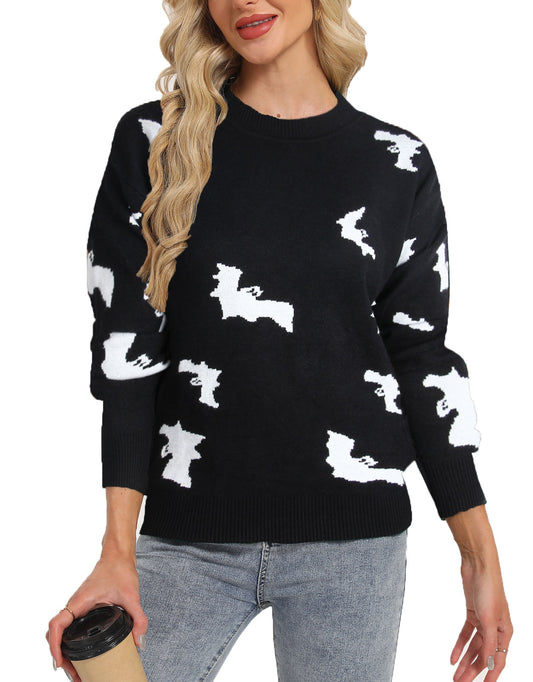 Halloween Bat Pattern Pullover Sweaters Long Sleeve Casual Crewneck Sweater