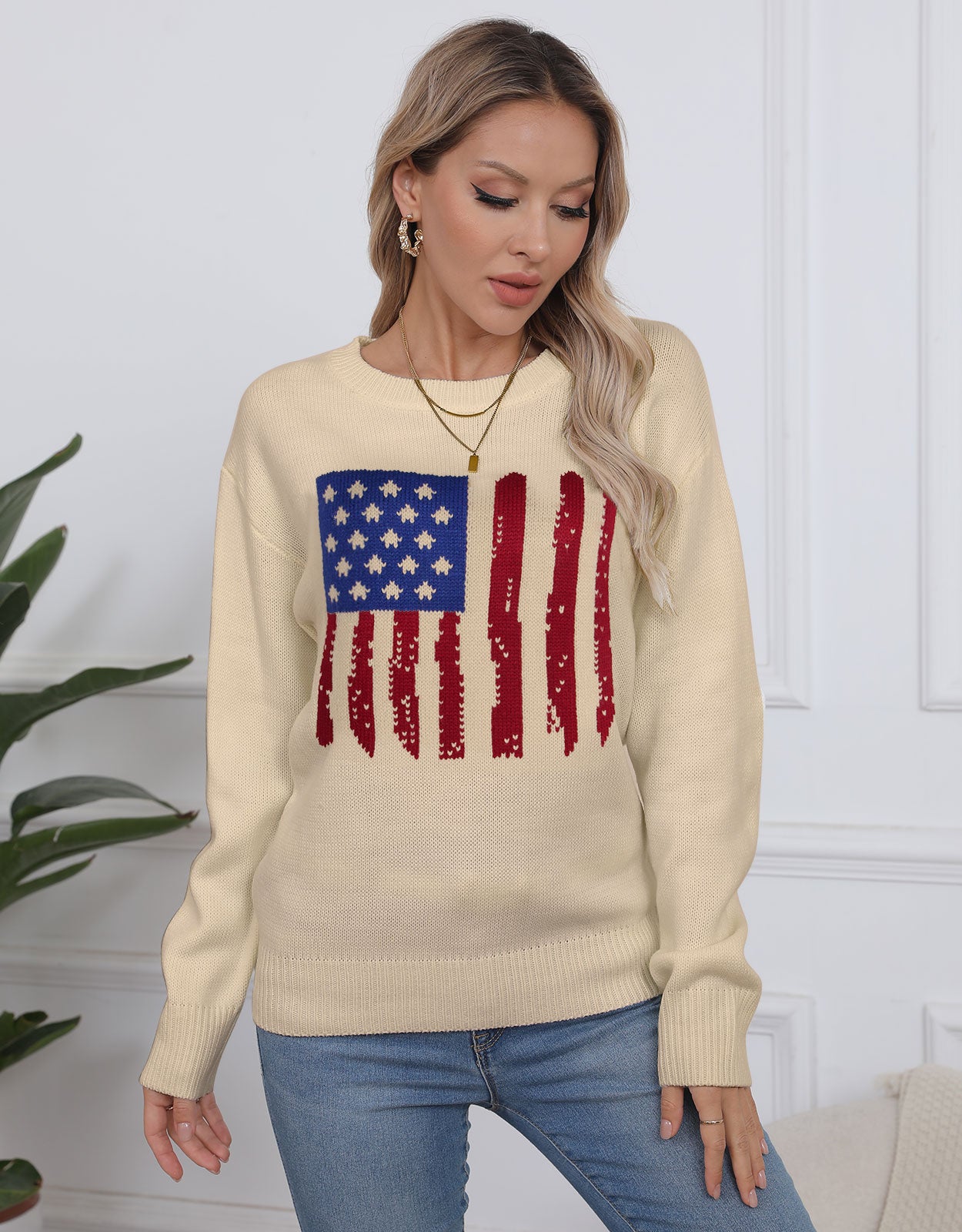 American Flag Long Sleeve Crew Neck Sweater