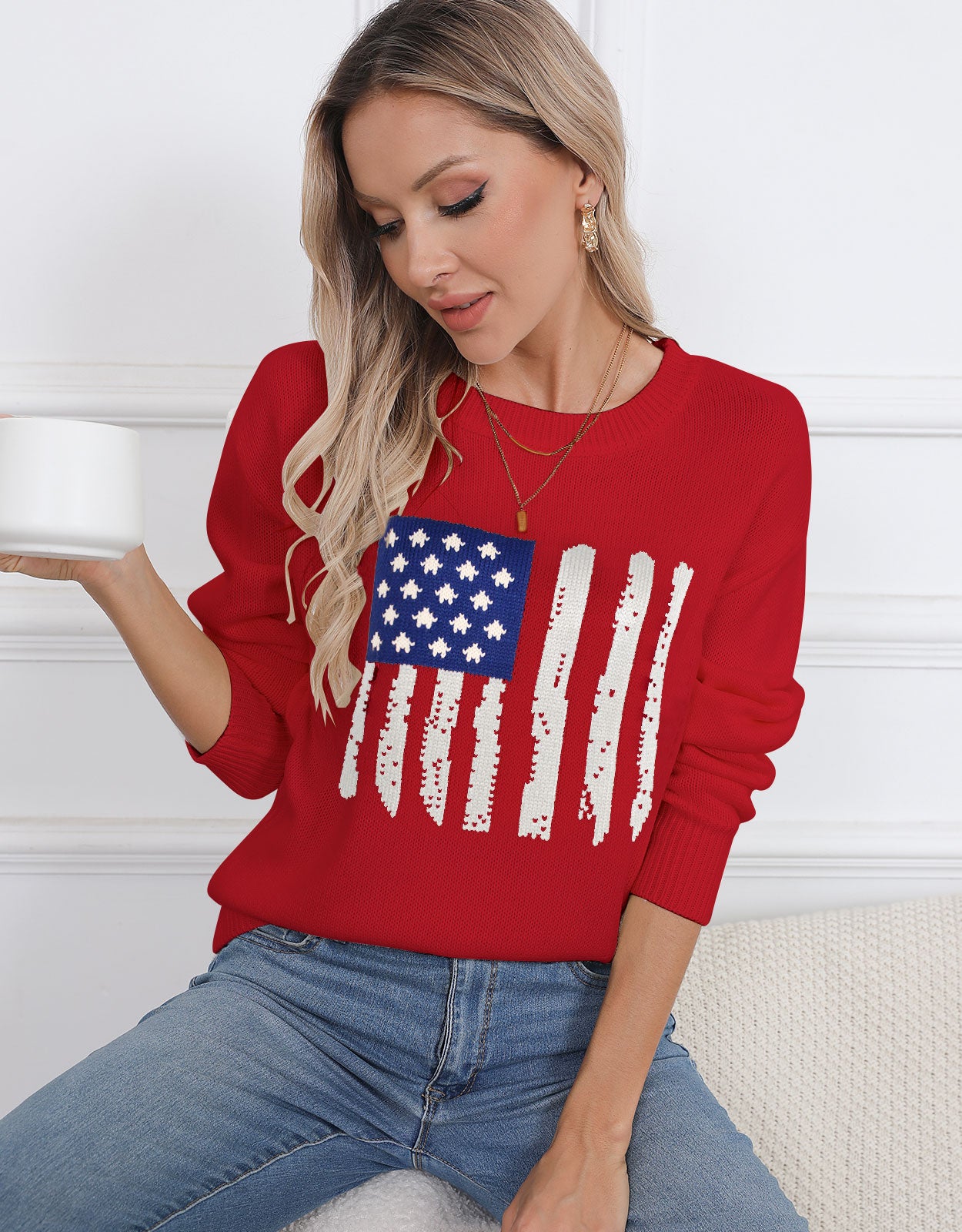 American Flag Long Sleeve Crew Neck Sweater