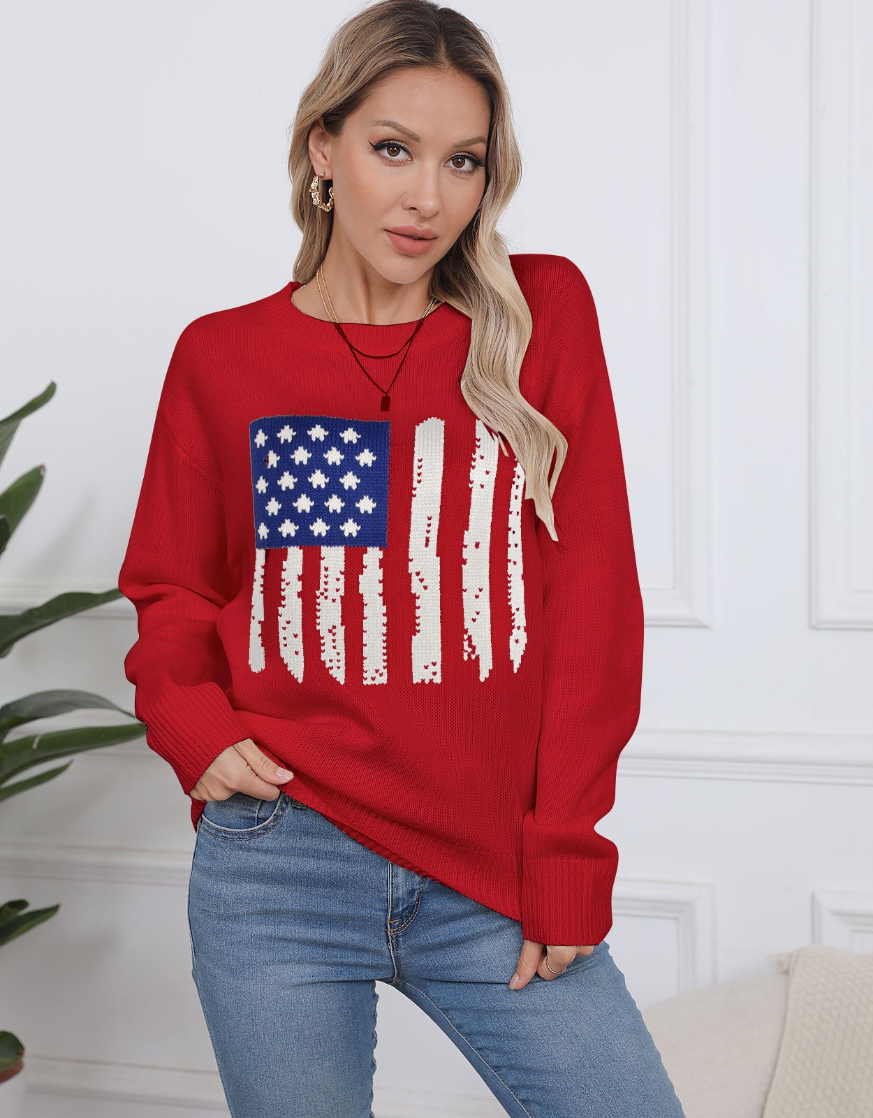 American Flag Long Sleeve Crew Neck Sweater