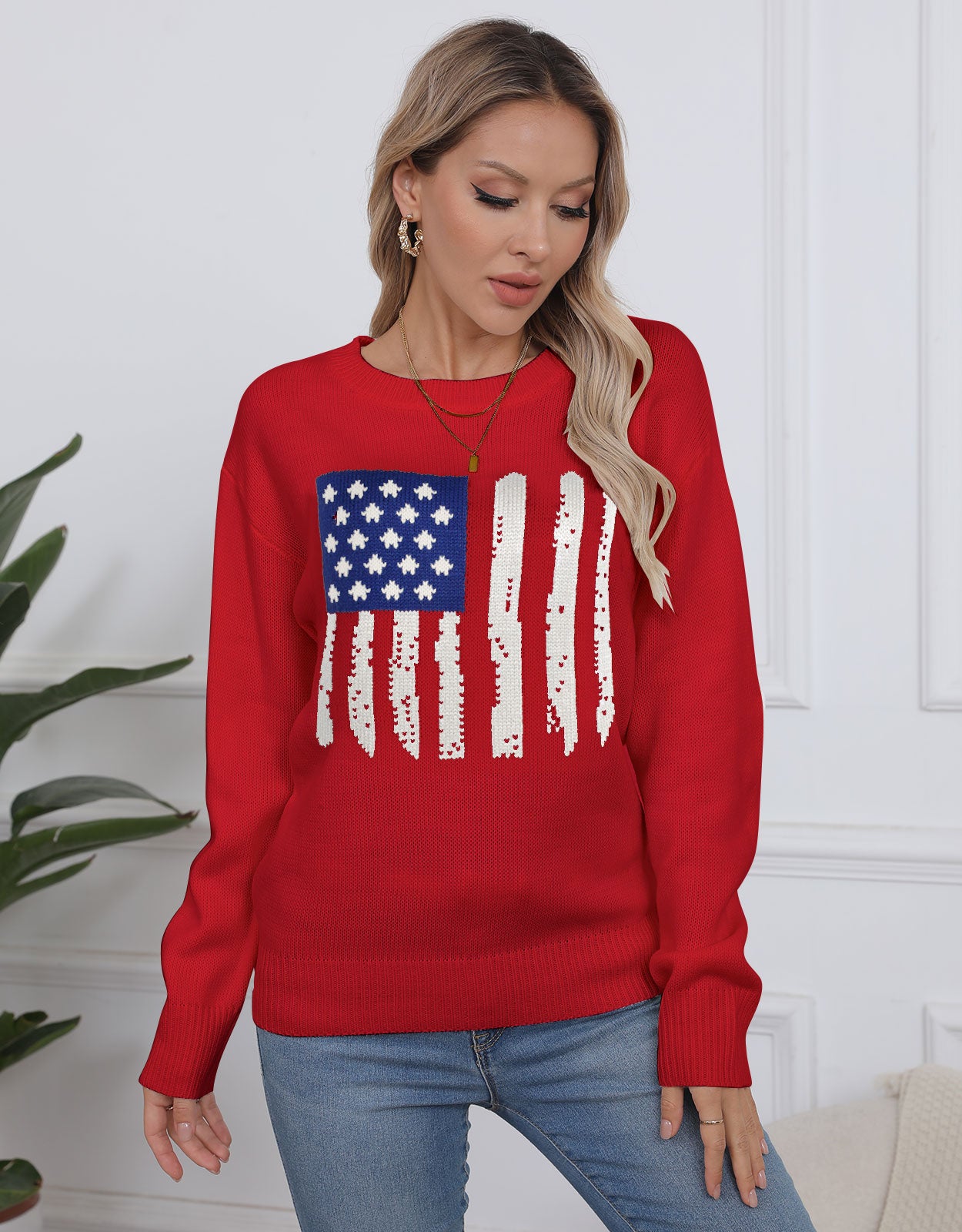 American Flag Long Sleeve Crew Neck Sweater