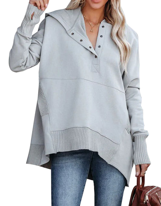 Solid Upper V-neck Hooded Irregular Sweater