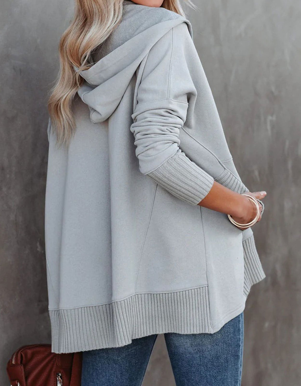 Solid Upper V-neck Hooded Irregular Sweater