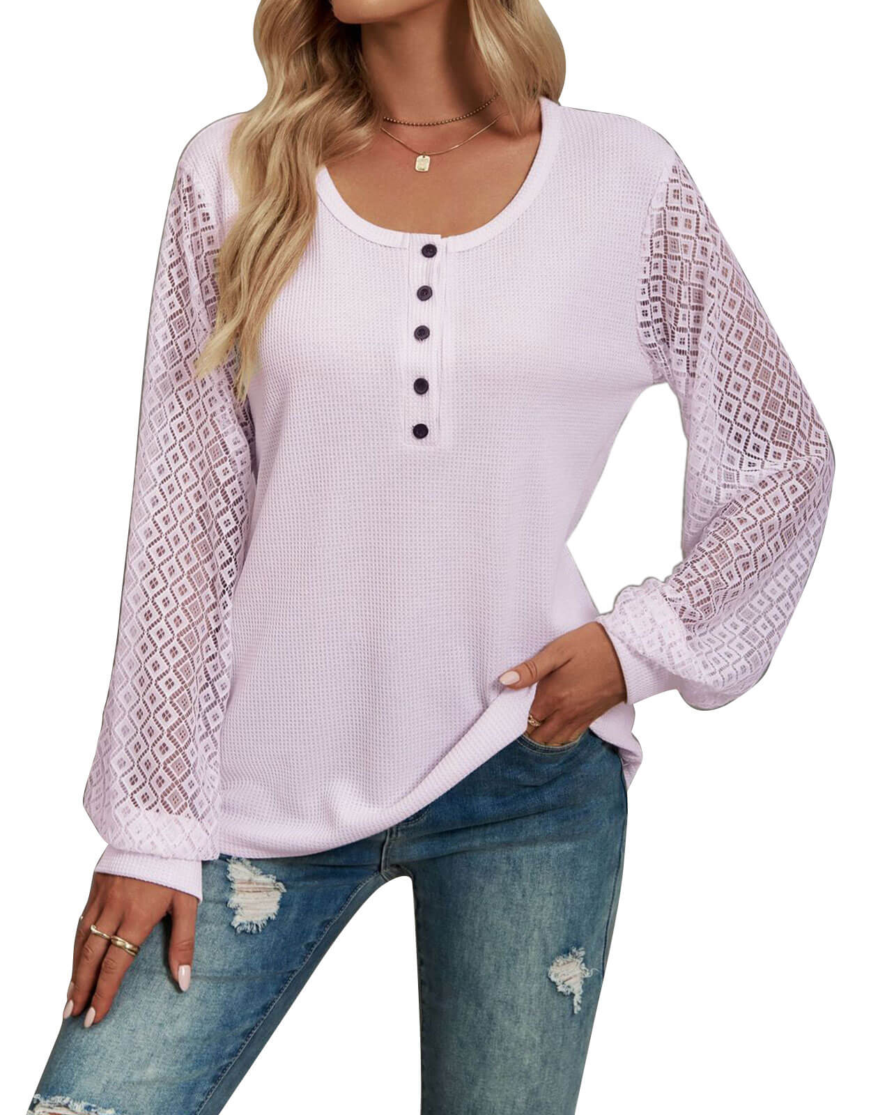 Waffle Lace Panel Long Sleeve Button Top