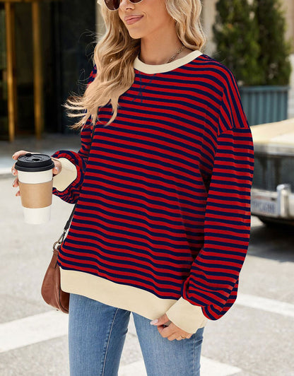 Casual Crewneck Striped Pullover Shirts