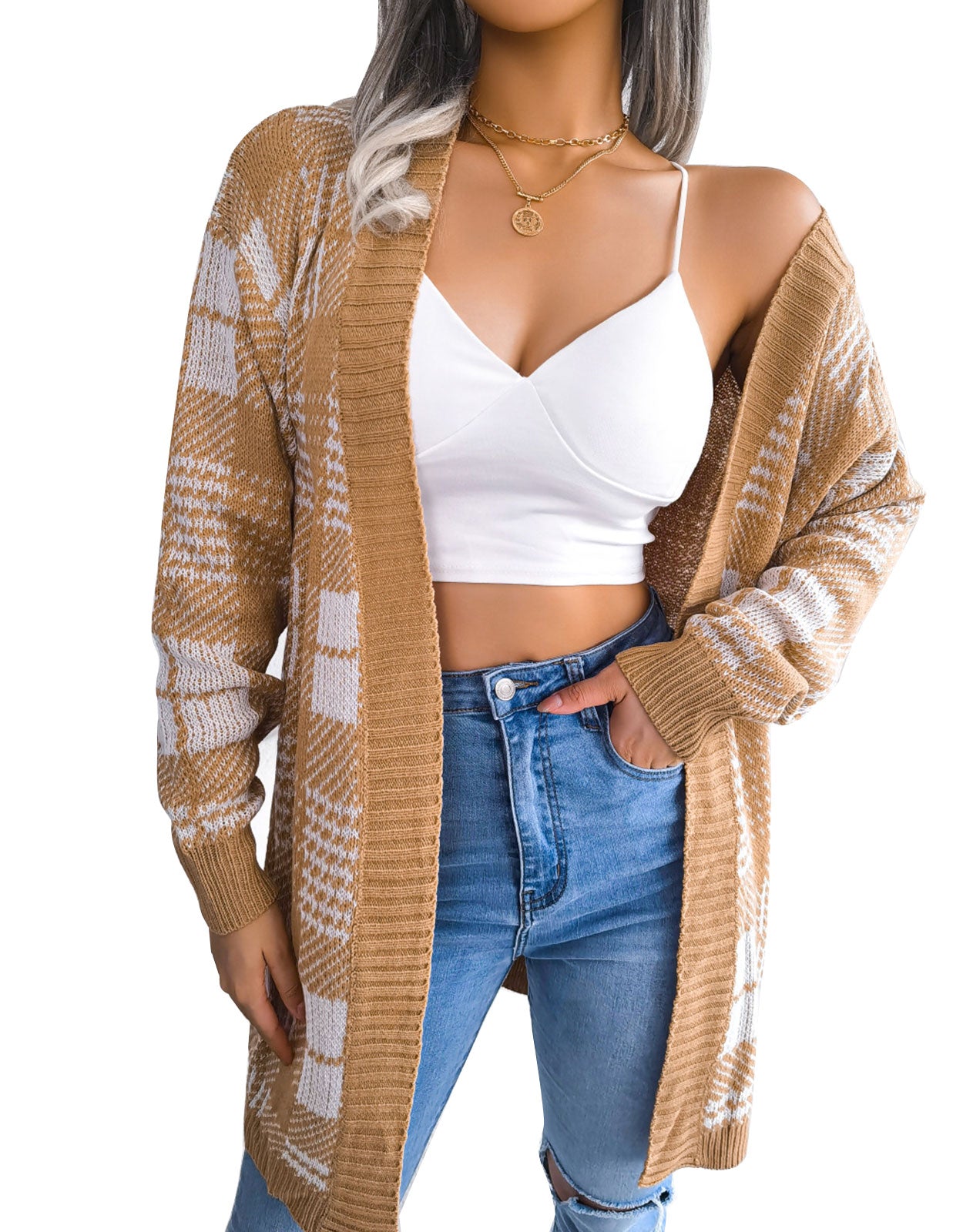 Plaid Tie Lantern Sleeve Casual Cardigan Sweater