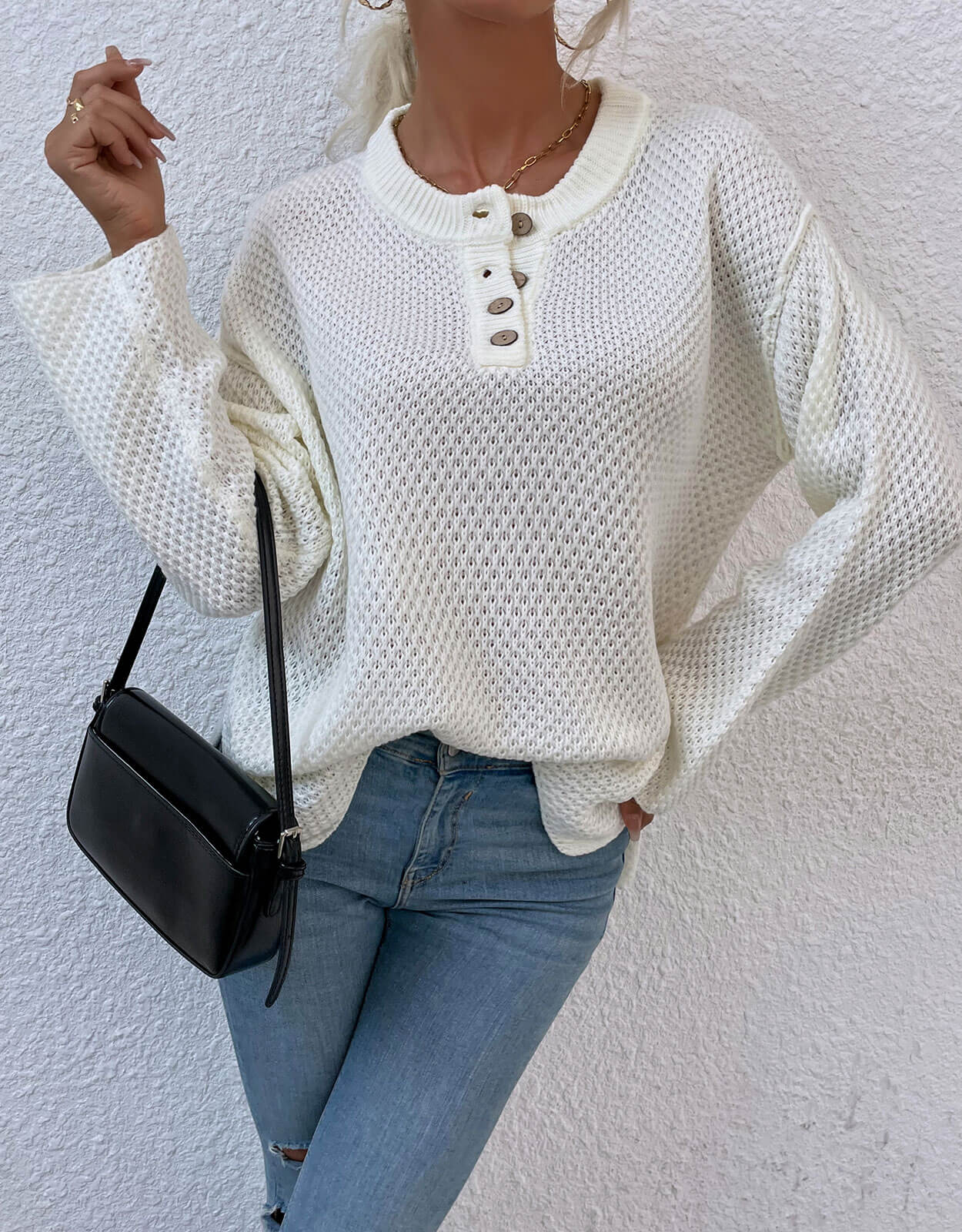 Chest Button Slit Knitted Sweater