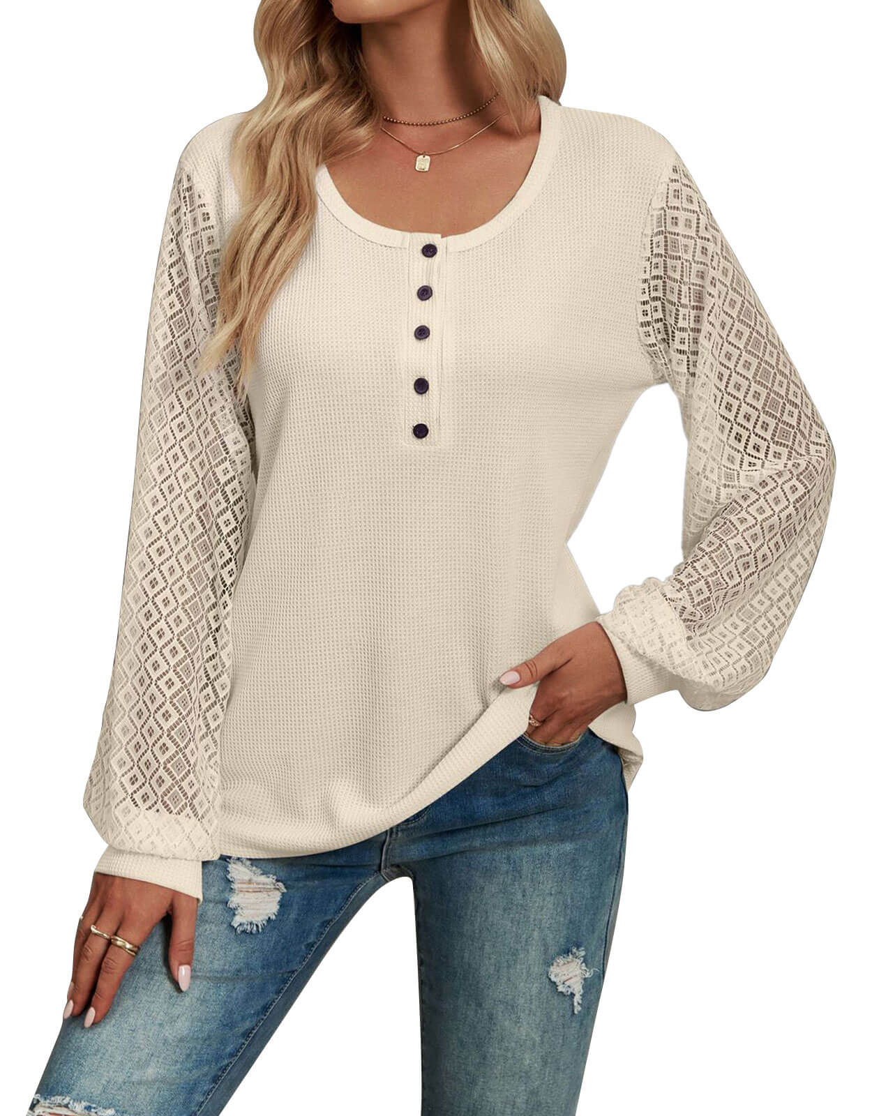 Waffle Lace Panel Long Sleeve Button Top